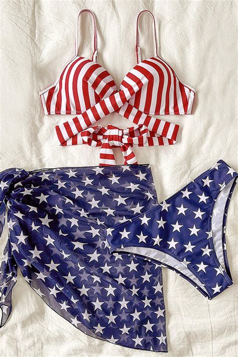 Sexy American Flag Bikini Red White Stripe Top With Blue Star Print Bo