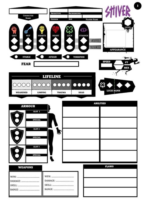 Shiver Rpg Character Sheet Parable Games Drivethrurpg