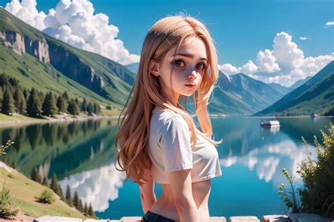 Premium AI Image A Girl With Long Blonde Hair Stands In Front Of A Lake And Mountains In The