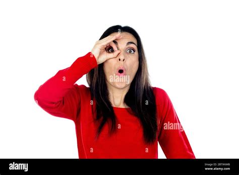 Attractive Mature Woman Wearing Red Jersey Isolated On A White Background Stock Photo Alamy