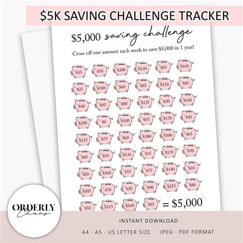 5k Money Saving Challenge Printable Savings Tracker 52 Week Etsy