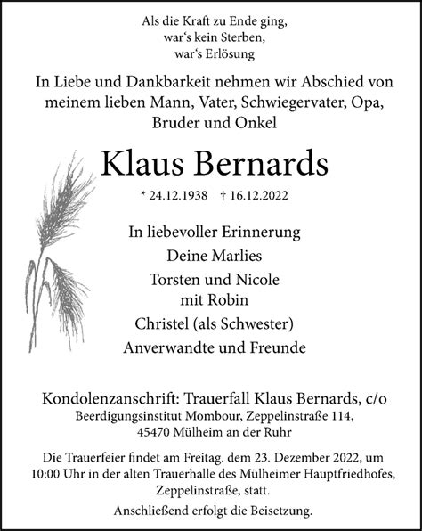 Traueranzeigen Von Klaus Bernards Trauer In NRW De