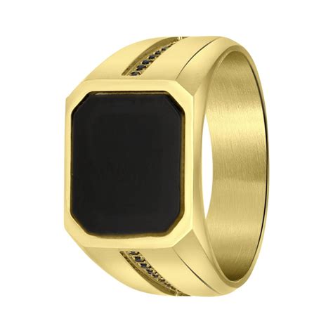 Lucardi Heren Goldplated Zegelring Zwart Ring Cadeau Staal