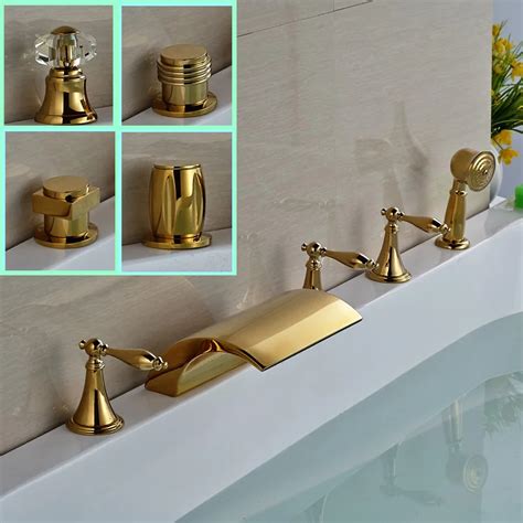 Deck Mount 5pcs Widespread Bathtub Faucet Three Handles Brass Waterfall