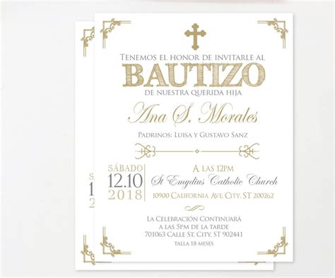 Gold Baptism Invitation Spanish Baptism Invitation Printable Etsy