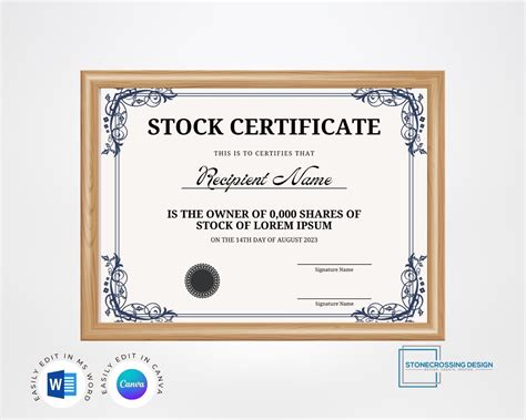 Editable Stock Certificate Template. Printable Certificate. Editable With Canva or Microsoft ...