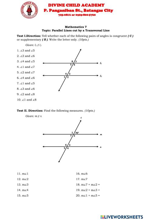 Parallel Lines Cut By A Transversal Interactive Worksheet Live Worksheets Library