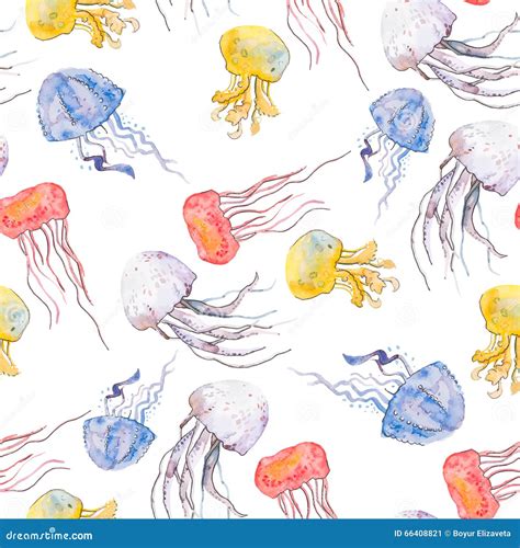 Colorful Jellyfish Sea Pattern Seamless Pattern Watercolor Vector