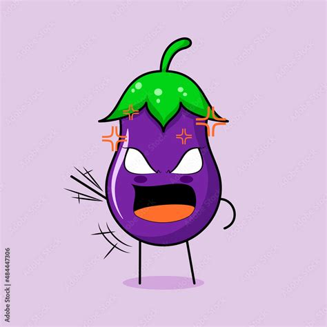 Cute Eggplant Character With Angry Expression Green And Purple