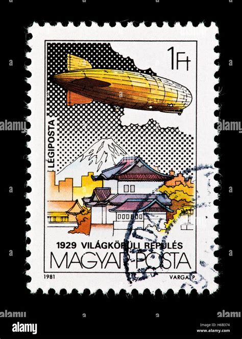 Postage Stamp Fro Hungary Depicting Graf Zeppelin Over Tokyo First