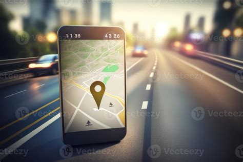 Point On Smartphone With Gps Navigator Icon And Map On Blur Traffic