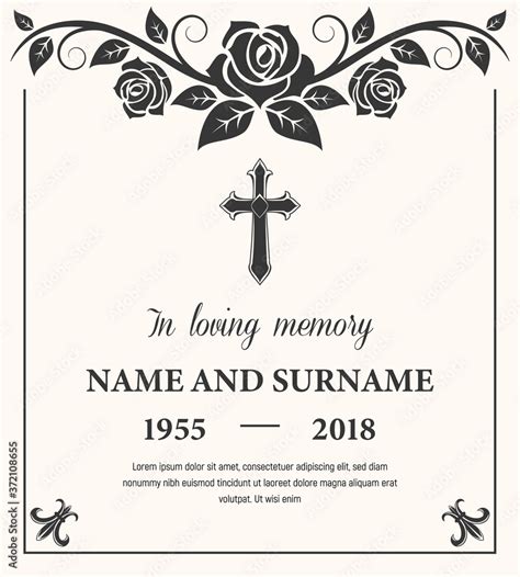 Funeral Card Vector Template Condolence Flower Ornament With Cross Name Birth And Death Dates