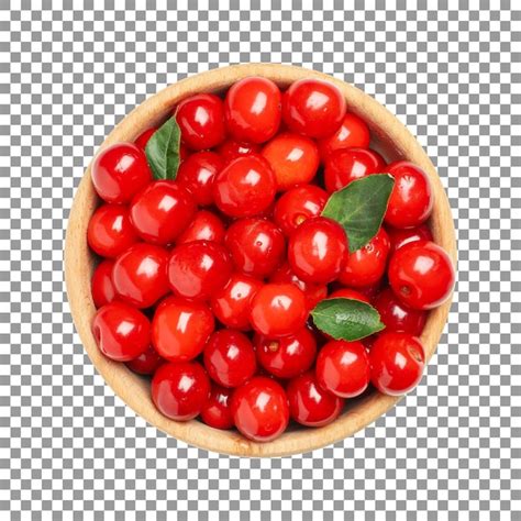 Premium Psd Fresh Cherries In A Wooden Bowl With Leaves Top View