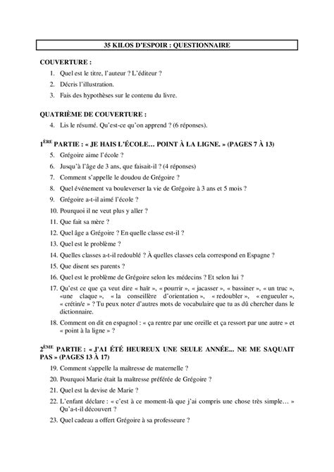 35 kilos d espoir questionnaire Schémas Langue espagnole Docsity