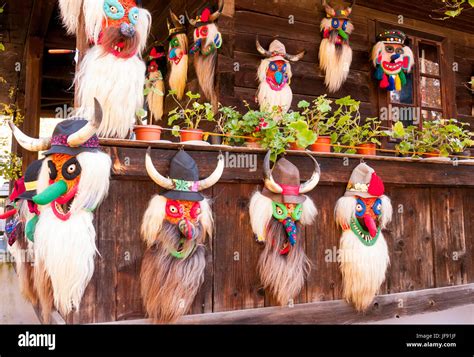 Traditional Romanian folklore masks in the outdoor Village Museum in ...