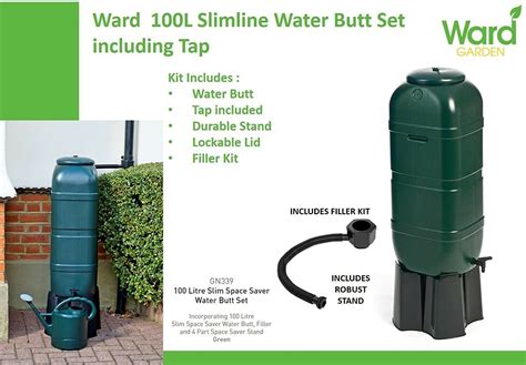 Ward 100 Litre Slimline Water Butt In Green Plastic With Stand And