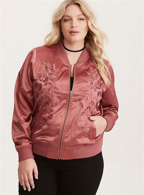 Plus Size Embroidered Satin Bomber Jacket Rosy Flush Bomber Jacket Satin Bomber Jacket Jackets