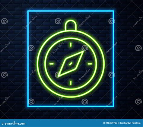 Glowing Neon Line Compass Icon Isolated On Brick Wall Background