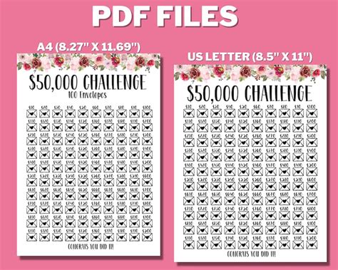 50k 100 Envelope Challenge Printable 50000 Saving Tracker Etsy Canada