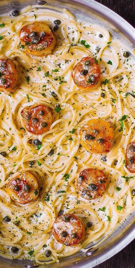 Scallop Spaghetti In Creamy White Wine Butter Garlic Sauce With Capers