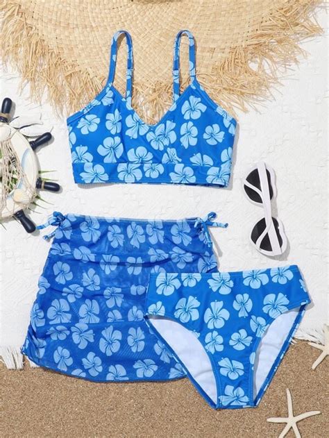 Tween Girl Pack Floral Print Bikini Swimsuit With Beach Skirt For Sale