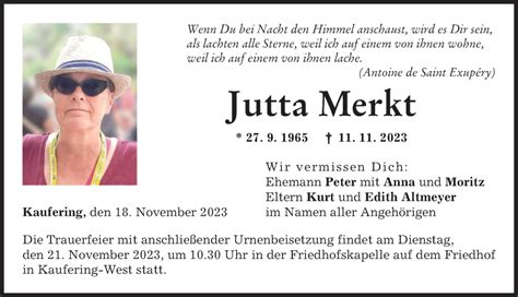 Traueranzeigen Von Jutta Merkt Augsburger Allgemeine Zeitung