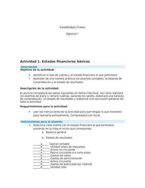 Ejercicio 1 CYC Contabilidad Y Costos Ejercicio 1 Actividad 1