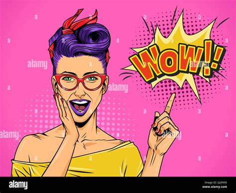 Pop Art Beautiful Surprised Lady With Purple Hair And Lips Pointing At