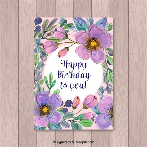 Watercolor Birthday Card With Flowers Vector Free Download