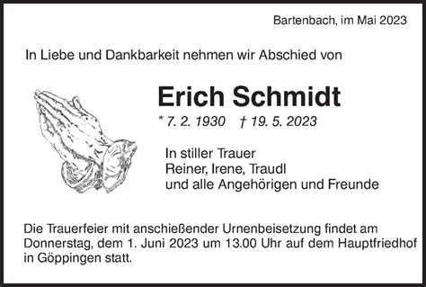 Traueranzeigen Von Erich Schmidt S Dwest Presse Trauer