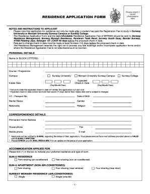 Fillable Online Residence Application Form Sunway College Fax Email