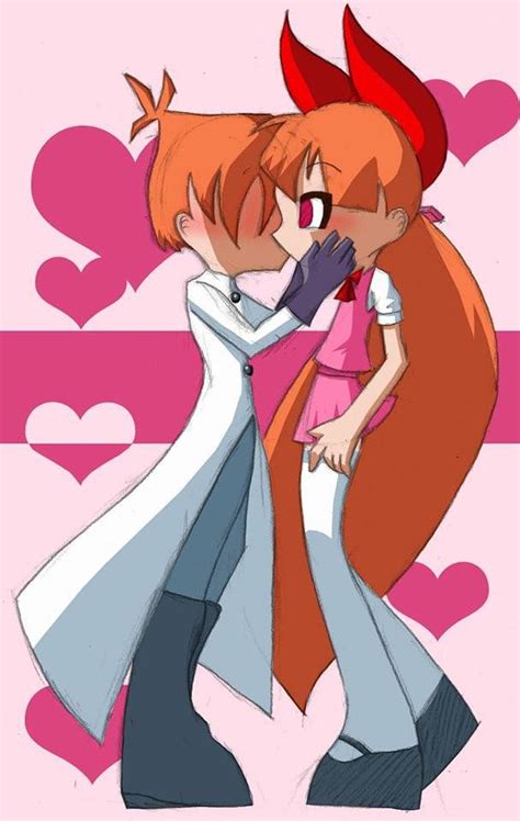 two cartoon characters hugging each other with hearts in the background and one has her hand on ...