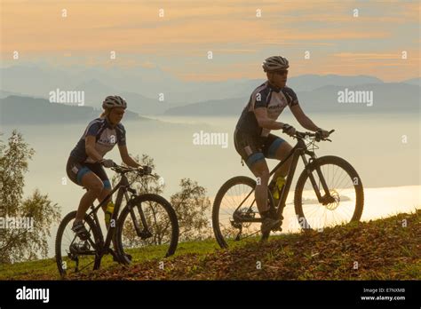 mountain biker bachtel zurich lake view alpine chain canton zurich