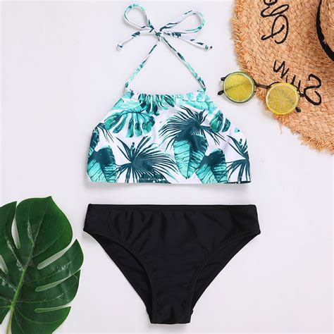 Folha Tropical Imprimir Menina Swimsuit Crianças Halter Top De Biquíni