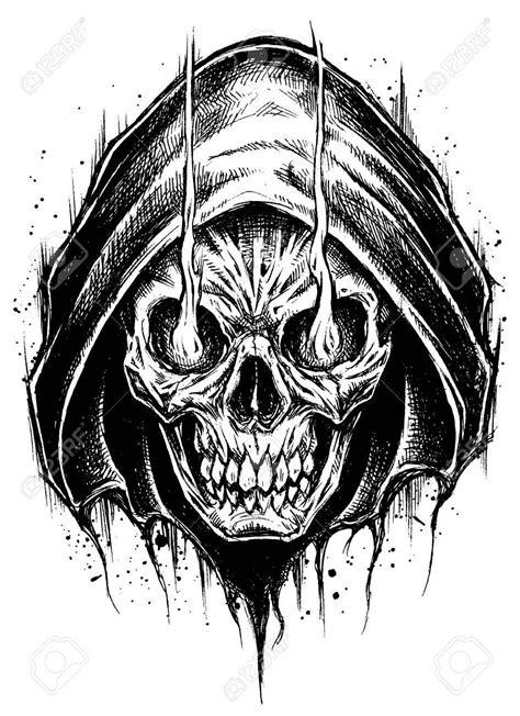 a skull in a hood with horns and fangs on it's head is drawn by hand