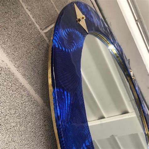 Bespoke Italian Custom Brass And Textured Cobalt Blue Murano Glass Round Mirror For Sale At 1stdibs