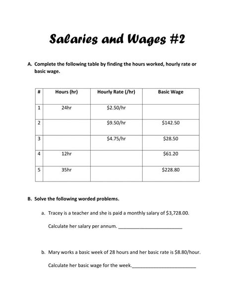 Wages And Salary Worksheet Easy