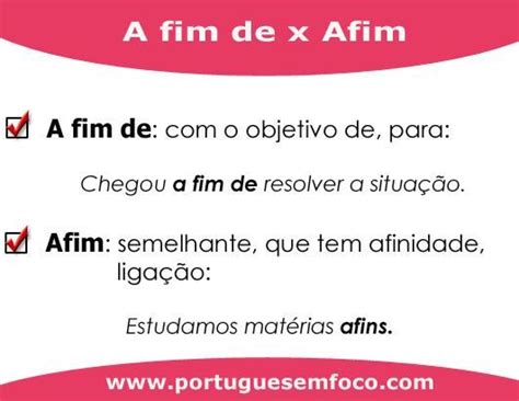 Diferença Entre Afim E A Fim - a fim de x afim | Dicas de portugues, Aprender portugues, Dicas escolares