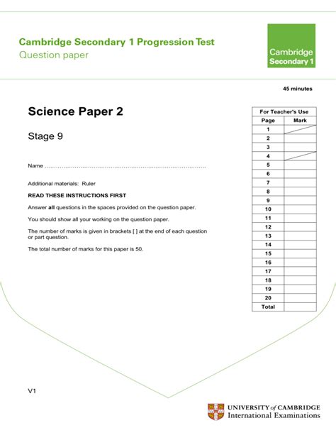 Cambridge Secondary Progression Test Stage 9 Science Paper 2