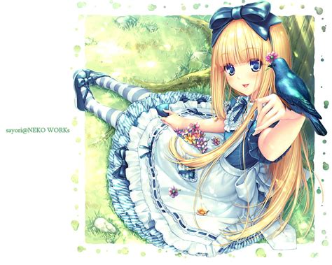 Alice Grass Sayori Blonde Hair Bow Alice In Wonderland Tree Bird