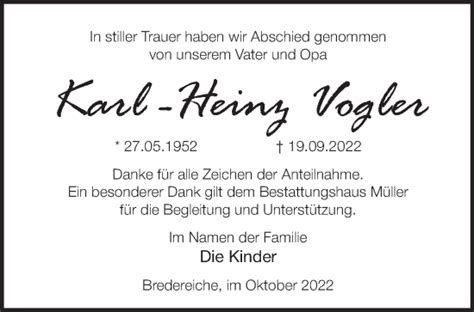 Traueranzeigen von Karl Heinz Vogler Märkische Onlinezeitung