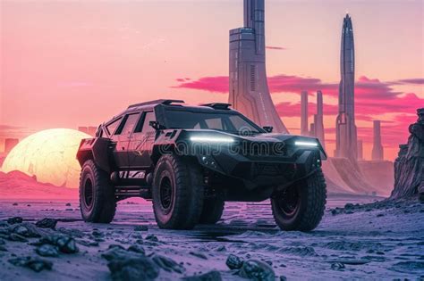 Futuristic Sci-Fi Concept SUV Explores Fantastical Alien Landscape at Dramatic Sunset Stock ...