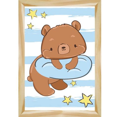 Quadro Infantil Ursinho Fundo Estrelado Listra Azul Elo