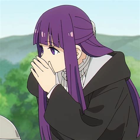 An Anime Character With Purple Hair And Blue Eyes Covers Her Face While