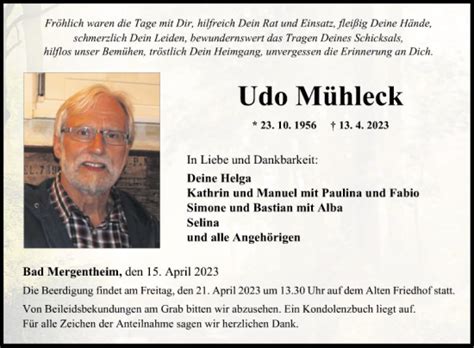 Traueranzeigen von Udo Mühleck Trauerportal Ihrer Tageszeitung