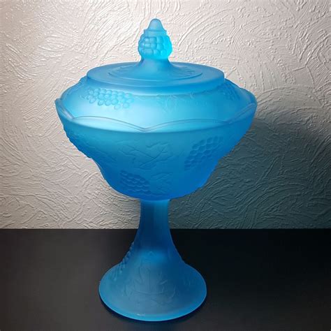 Beautiful Blue Satin Glass Candy Dish With Lid 10 Tall Glass Candy