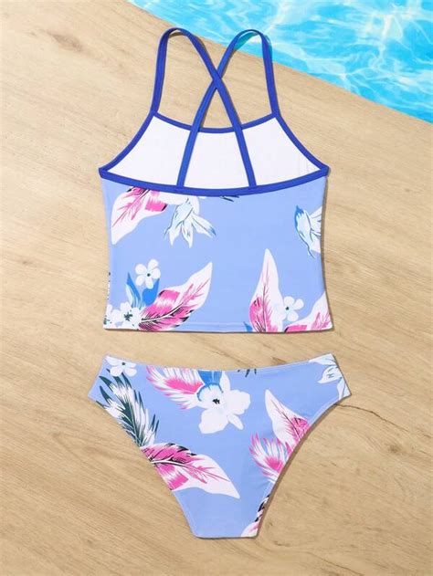 Tween Girl Floral Print Cross Back Bikini Swimsuit Shein Usa