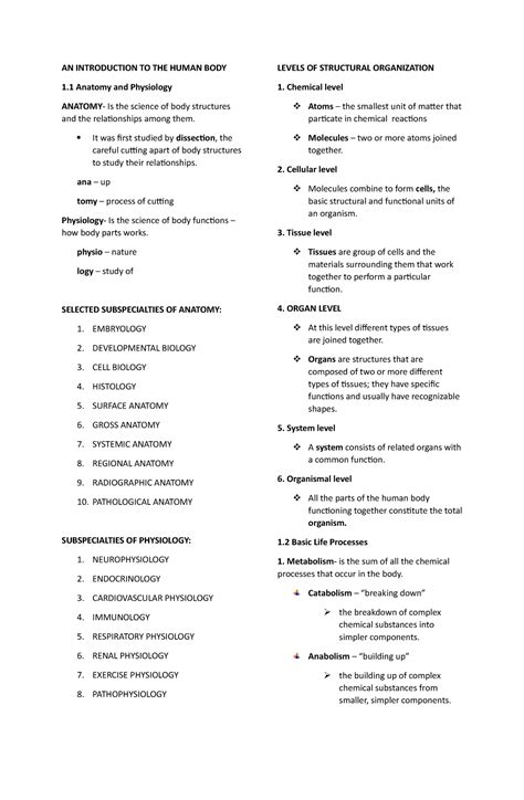 Anaphy Prelims Reviewer An Introduction To The Human Body 1 Anatomy