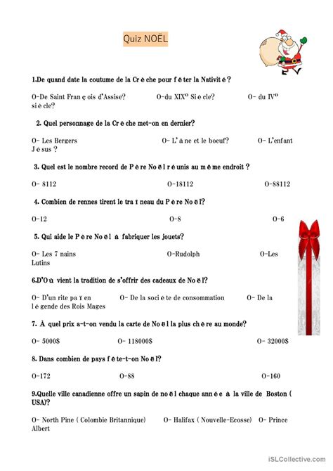 QUIZ NOËL compréhension générale de Français FLE fiches pedagogiques