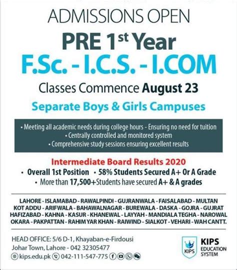 Kips College KC Islamabad Announces FA FSc Admission 2024 Online